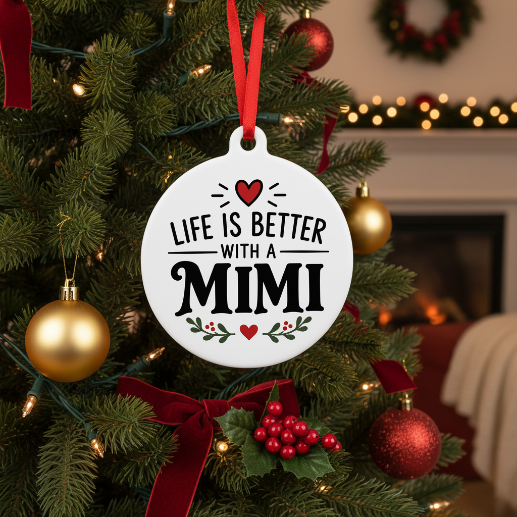 Life Is Better With a Mimi Christmas ornament hanging on a decorated Christmas tree in a cozy living room