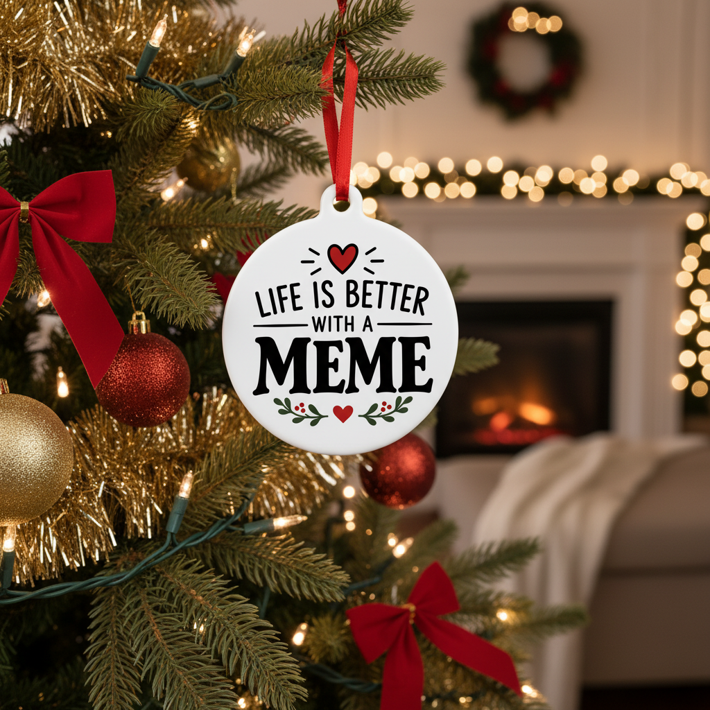 Life Is Better With a Meme Christmas ornament hanging on a decorated Christmas tree in a cozy living room