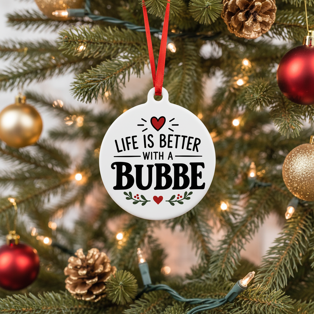 Life Is Better With a Bubbe Christmas ornament hanging on a decorated Christmas tree in a cozy living room