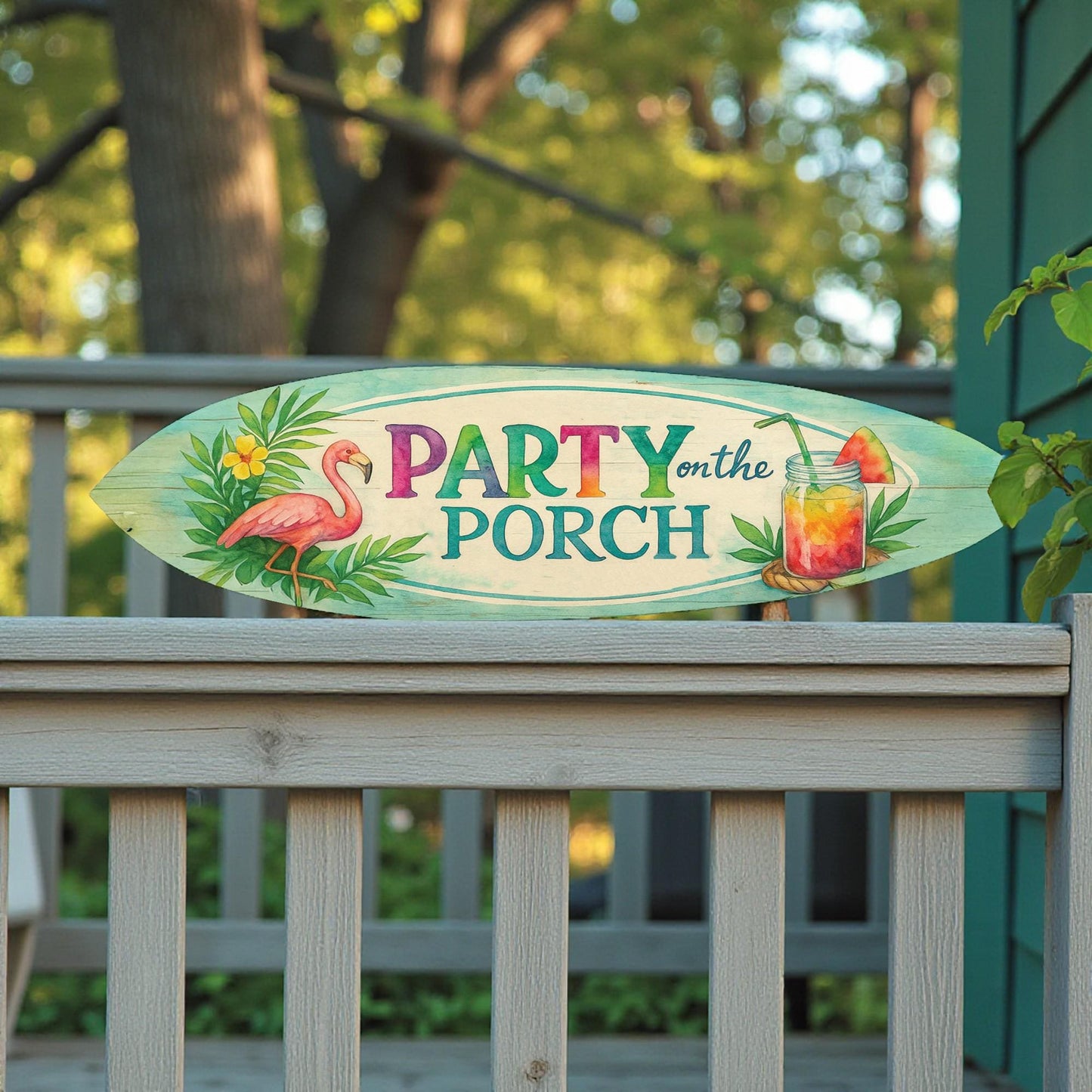 Flamingo Surfboard Sign: Tropical Summer Porch Decor