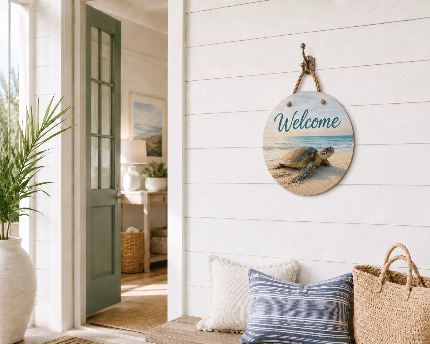 Turtle Front Door Welcome Sign – Nautical Beach Wreath Wall Hanging, Waterproof PVC Outdoor Decor, Coastal Porch Decoration, 16” Round