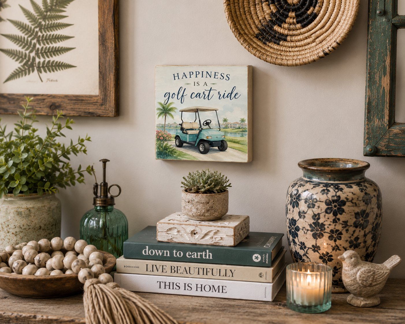 Happiness is a Golf Cart Ride - 5x5 Wood Block Sign