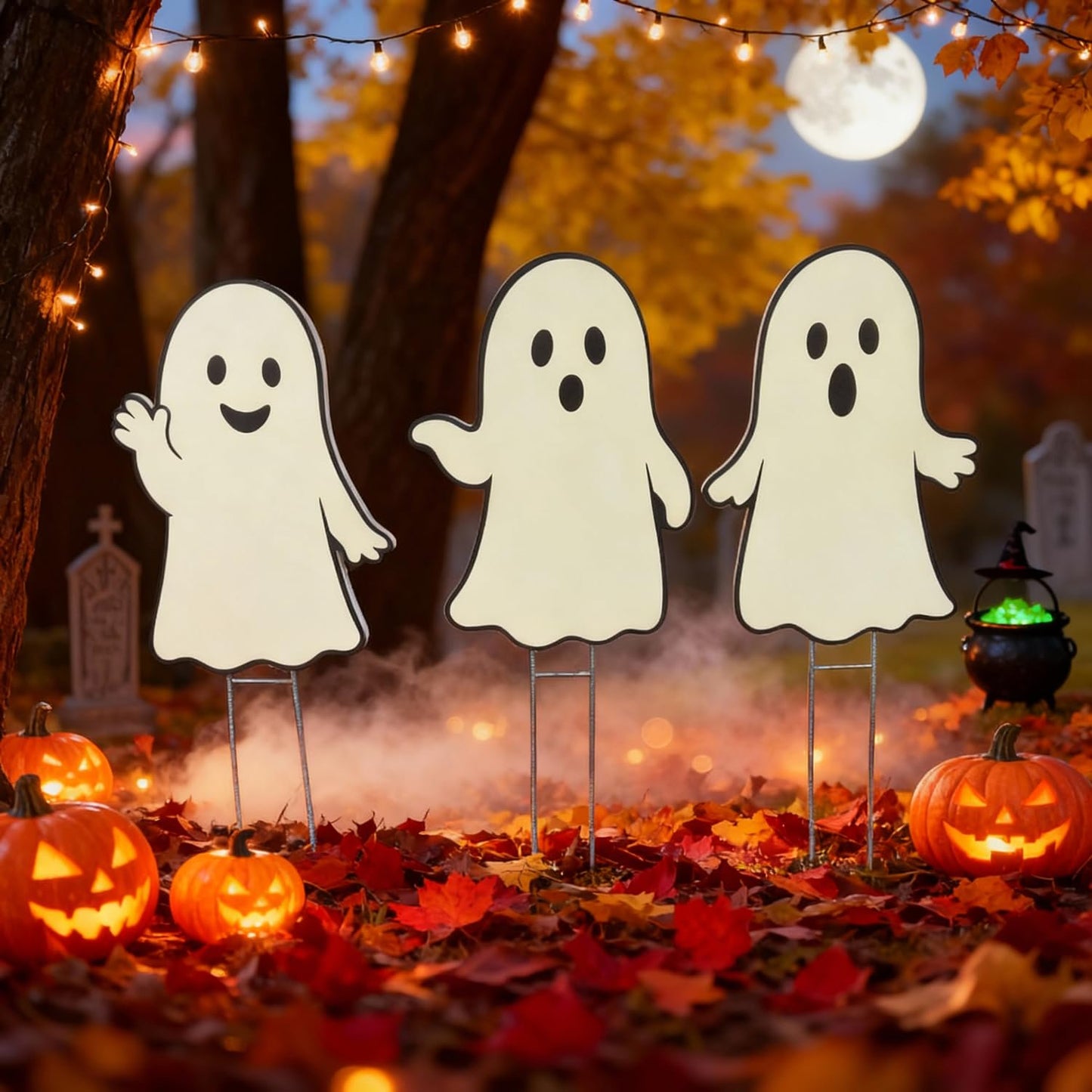 Halloween Ghost Yard Signs Set of 3 - Outdoor PVC Halloween Decorations with Stakes – Fun Yard Décor
