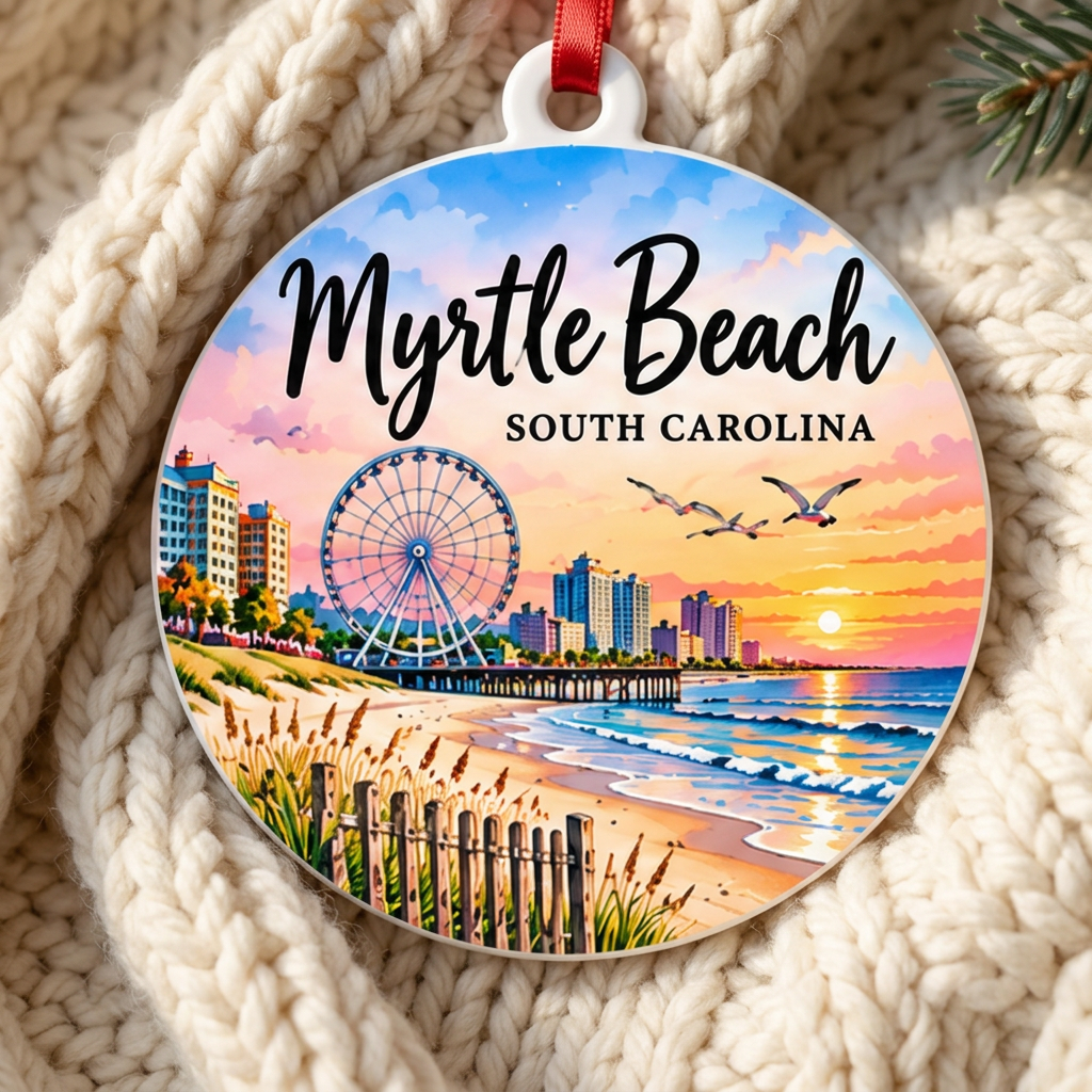 Myrtle Beach ornament on a cozy ivory knit blanket