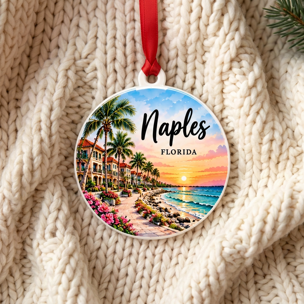 Naples ornament with shorter red ribbon on ivory blanket