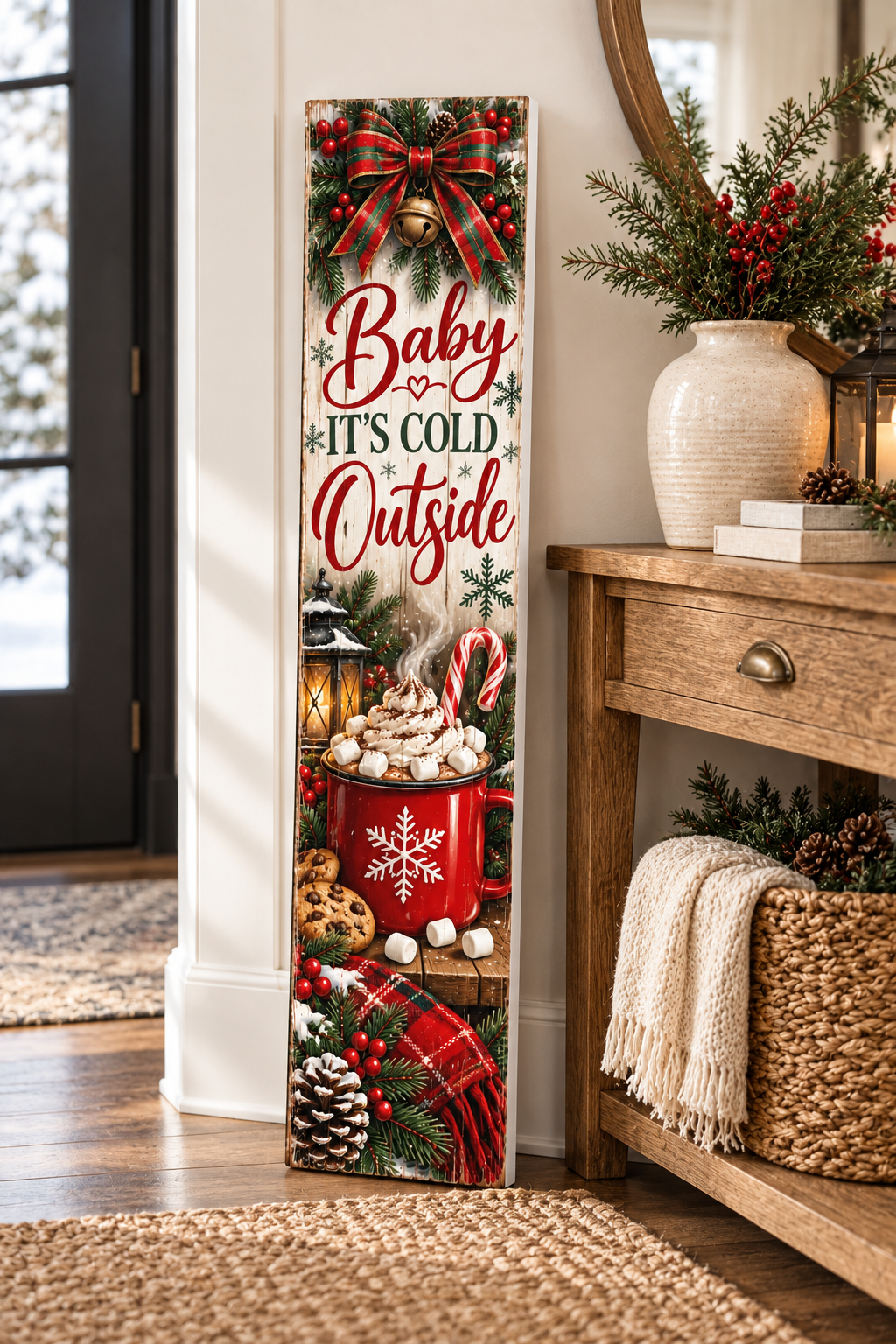 Baby It's Cold Outside Hot Cocoa PVC Porch Board entryway lifestyle