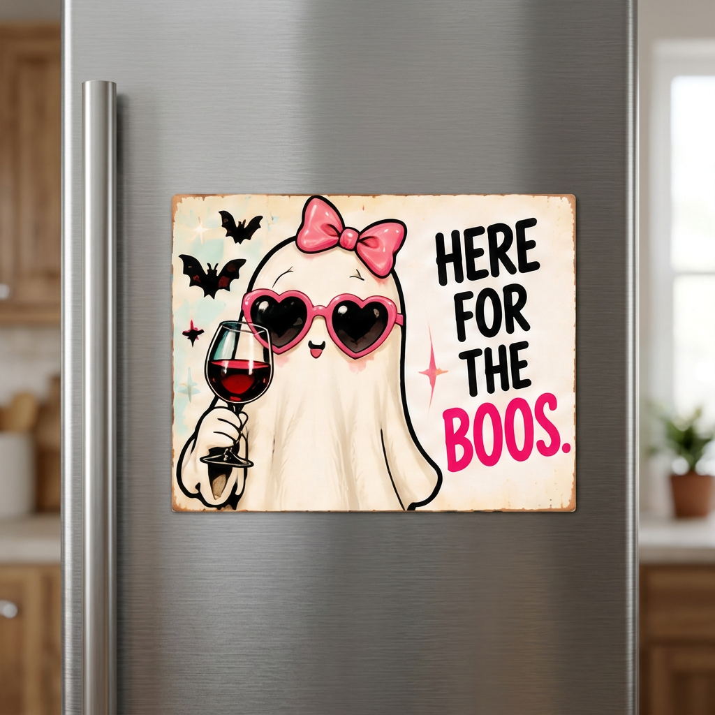 Straight-on fridge lifestyle image of the Here for the Boos magnet