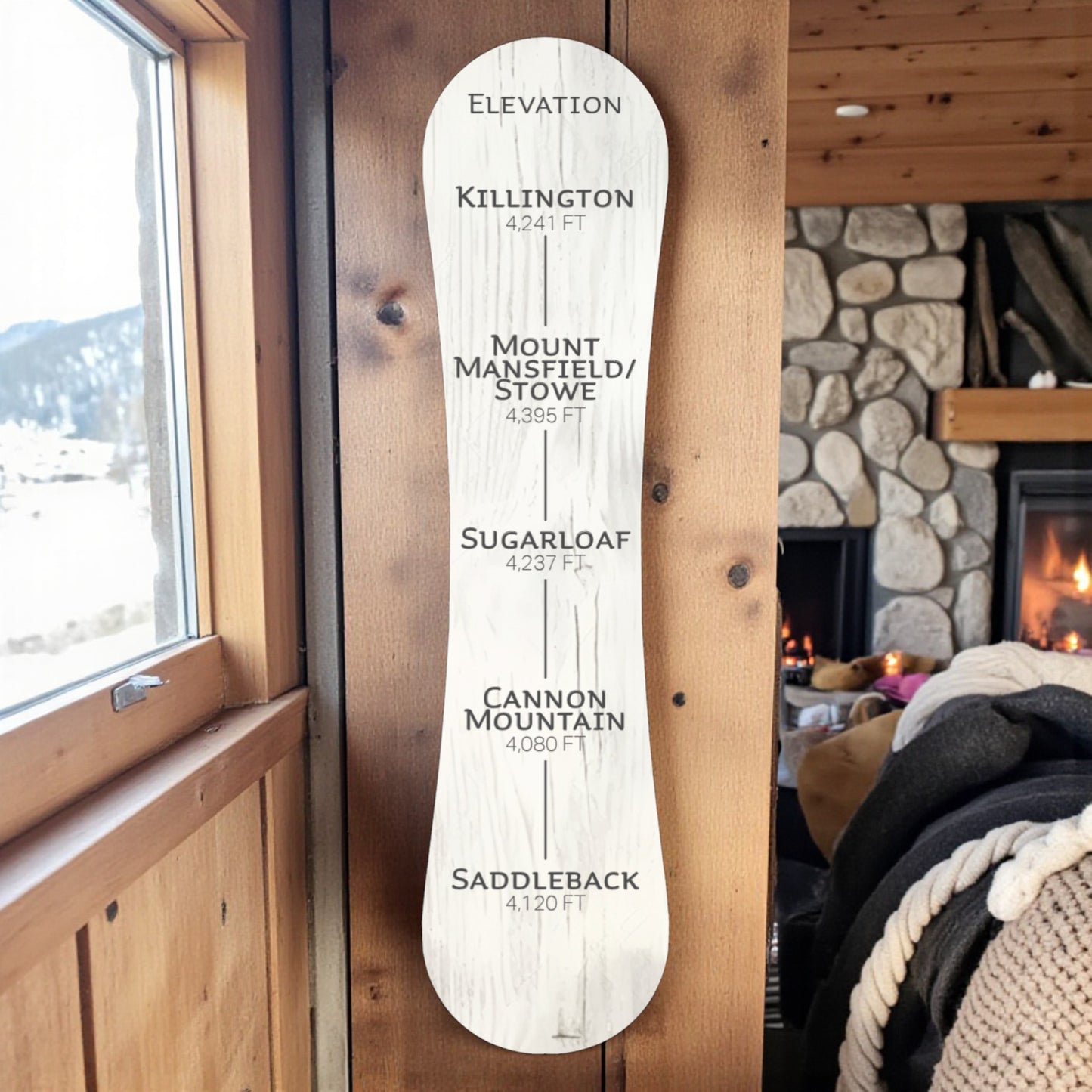 snowboard with mountain elevation markers against a wooden wall.