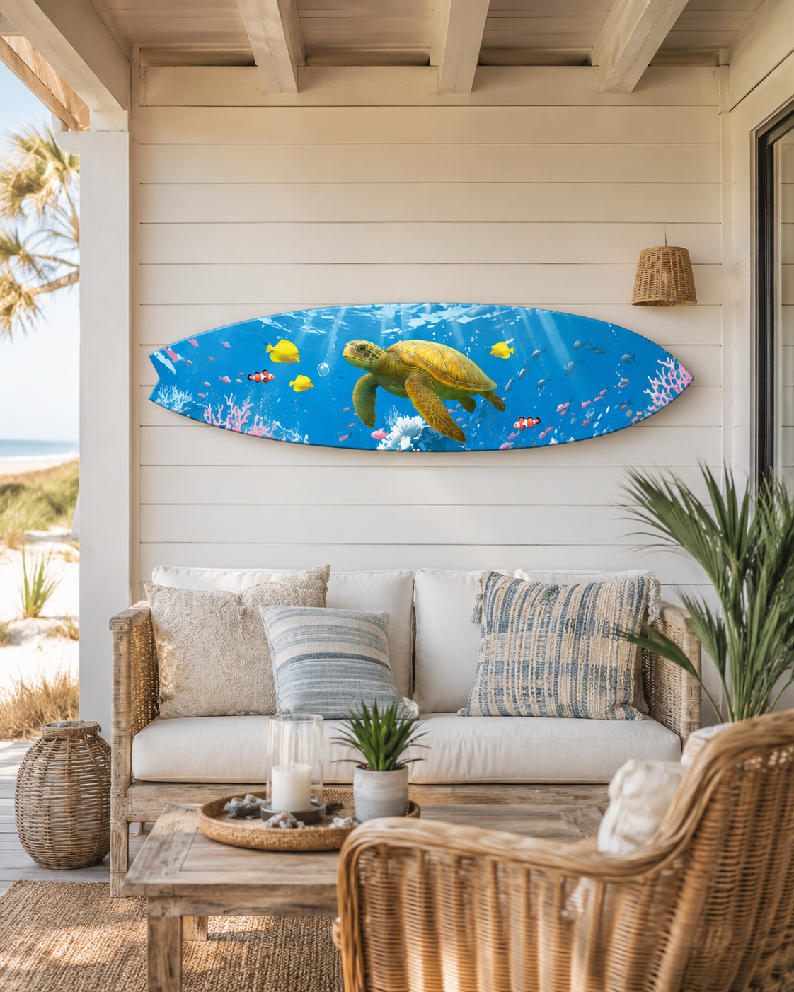 Sea Turtle Surfboard Wall Art, Horizontal Coastal PVC Decor, 1 FT to 5 FT
