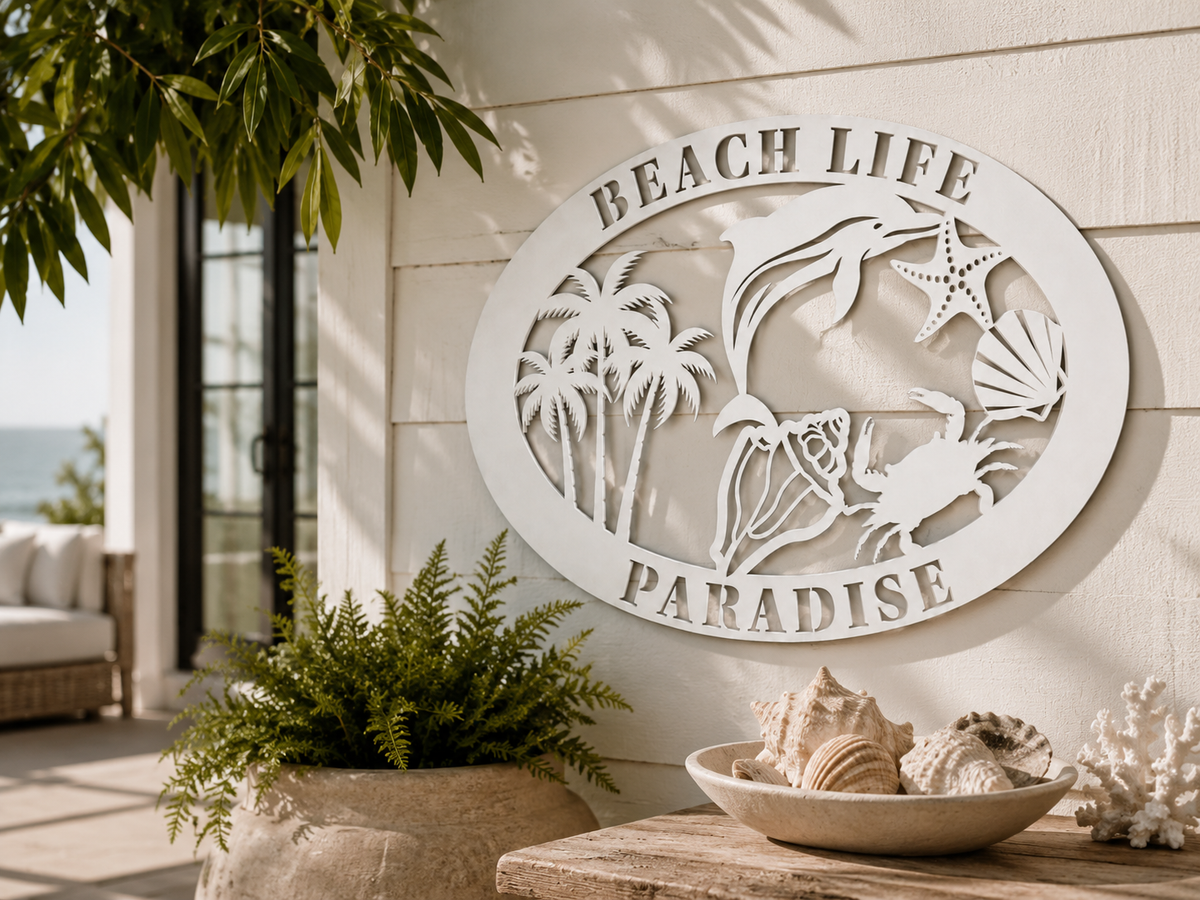 Beach Life Paradise – Coastal Beach House Wall Decor, Tropical Sign for Home, Porch, Fence, Indoor Outdoor Use Weatherproof PVC