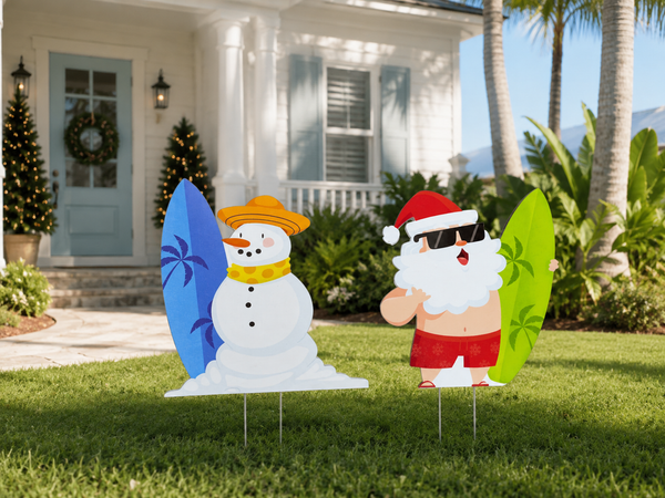 Santa and Snowman Coastal Surf Yard Signs