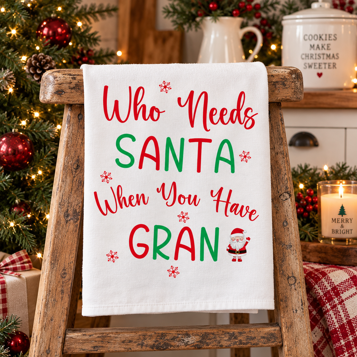 Gran Gift, Funny Quote Tea Towel for Gran, Christmas Gift for Gran, Santa Design, Cotton Dish Cloth, Kitchen Decor