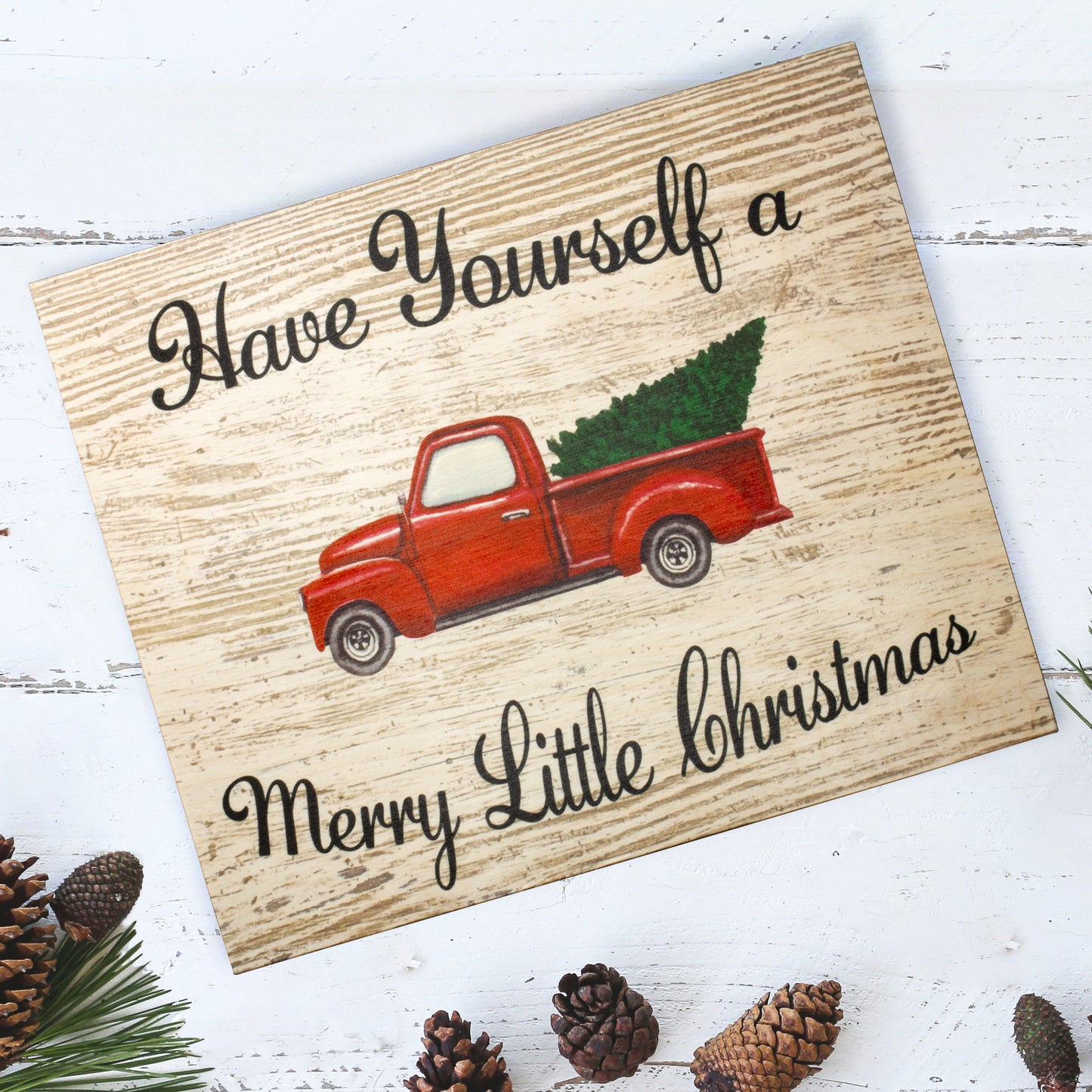 Vintage Red Truck with Christmas Tree Decor, Real Wood, 10x12 Inch, Christmas Sign, Made in USA