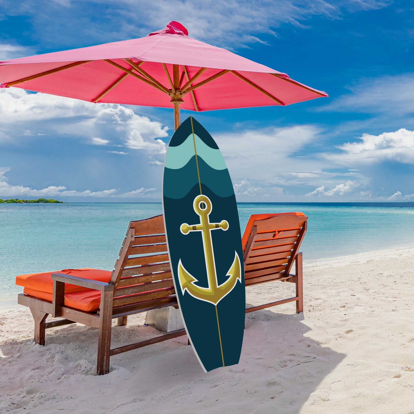 Outdoor Nautical Anchor Surfboard Wall Art, Navy Blue and Teal, Indoor Outdoor Weather Resistant PVC, 4 Foot