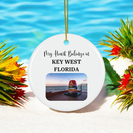 My Heart Belongs in Key West Ceramic Ornament, Iconic Marker Photo, Florida Souvenir, Key West Christmas Decoration, Vacation Memory Gift