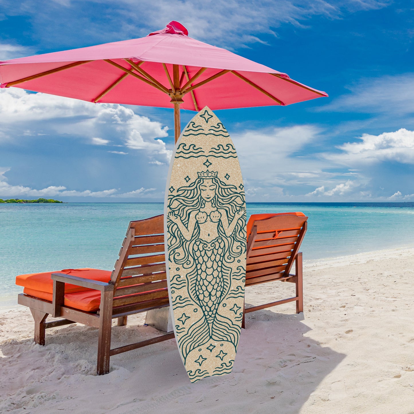 Outdoor Mermaid Surfboard Wall Art – Weatherproof PVC – Coastal Mermaid Sign for Beach House or Pool Area –Sand 4ft