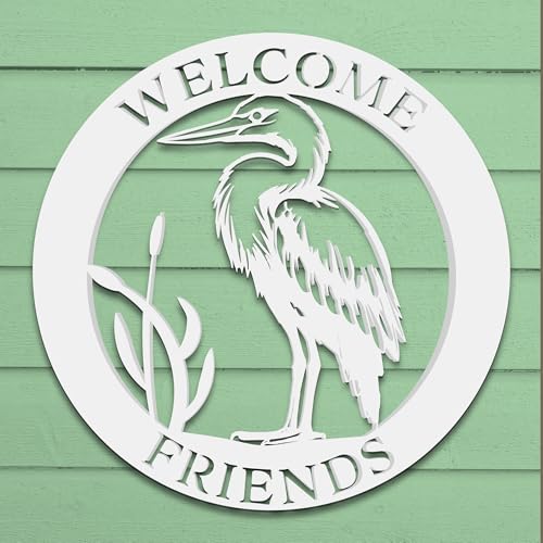 Outdoor Beach Sign Welcome Friends – Round Egret Wall Art for Beach House, Coastal Cottage & Vacation Home - 3 Foot