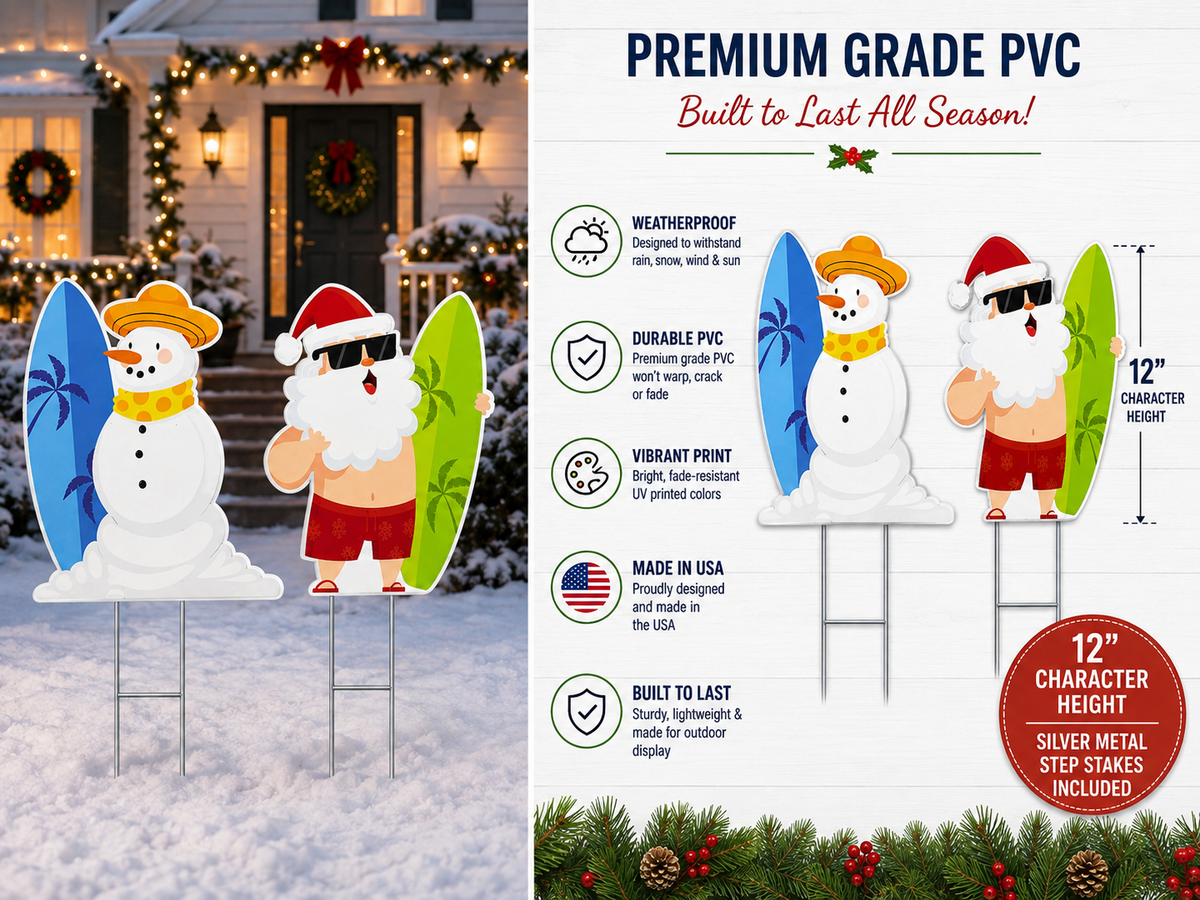 Santa and Snowman Coastal Surf Yard Signs