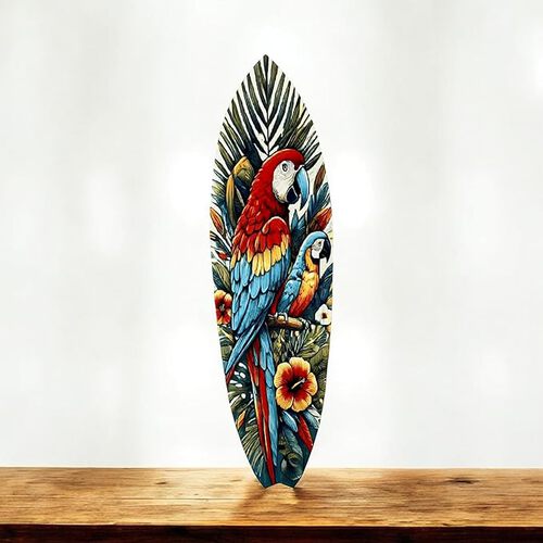 Parrot Surfboard Wall Art Tropical Theme, Decorative Indoor Outdoor Use, PVC, Bold Colors, 4 Foot