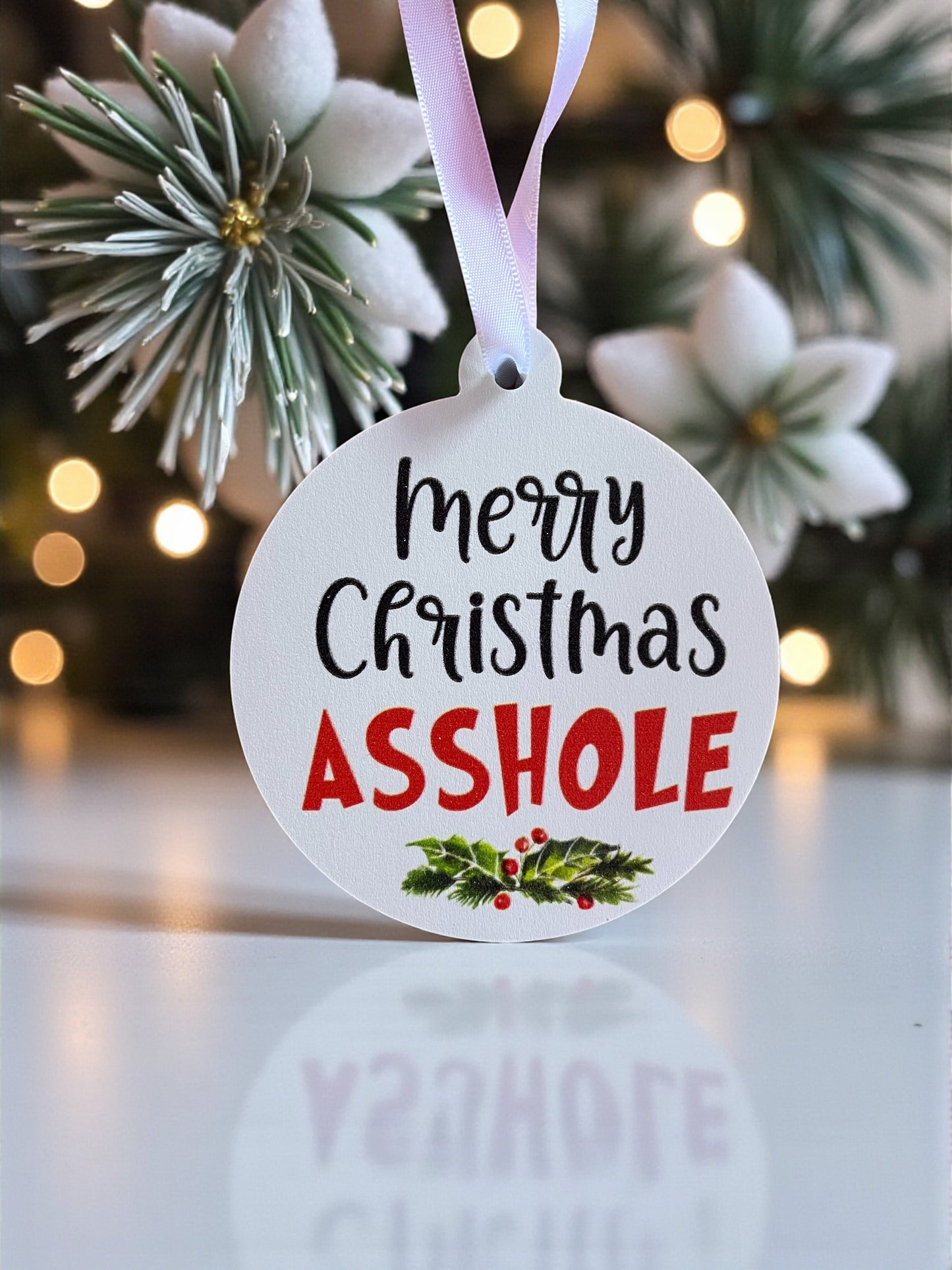 Funny Christmas Ornament Merry Christmas Asshole Round PVC Ornament – Holiday Gift or Stocking Stuffer – Indoor Outdoor