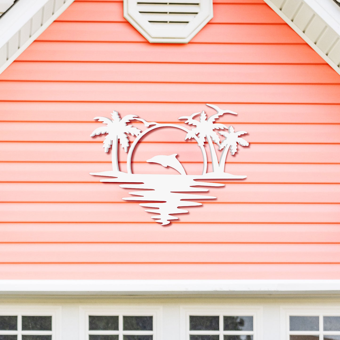 Outdoor Dolphin Wall Art, Coastal Wall Decor for Beach House, White PVC Dolphin Sign with Palm Trees Sunset, 2 Foot