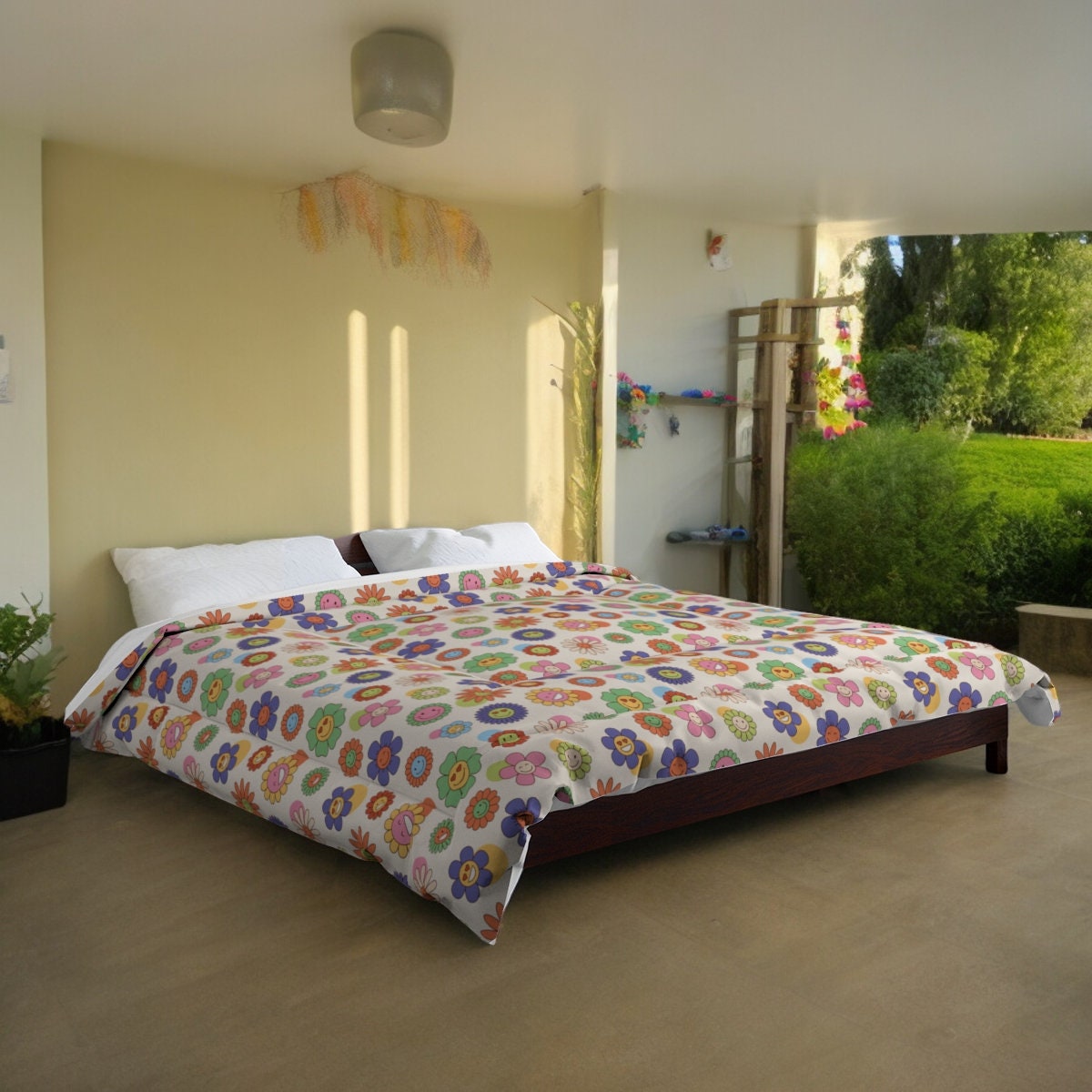 Retro Hippie Flower Bedding Comforter | 1960s Comforter and 1970s Themed Comforter, Flower Power Boho Vintage Inspired