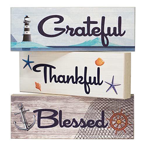 Coastal Farmhouse Thankful Grateful Blessed Signs, Tiered Tray Decor 3 Mini Wood Block Signs, Beach House Decor, Beach Signs, Inspirational Quotes Friendship Gifts, Farmhouse Home Decor