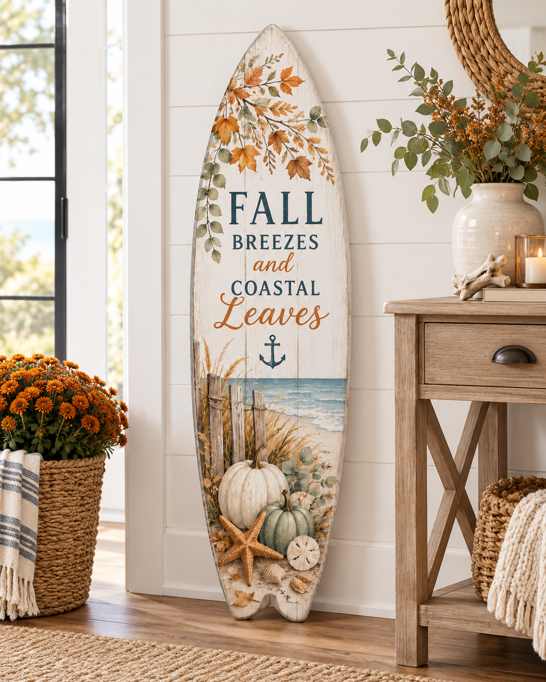 Autumn Coastal Surfboard Sign – Fall Beach Wall Art