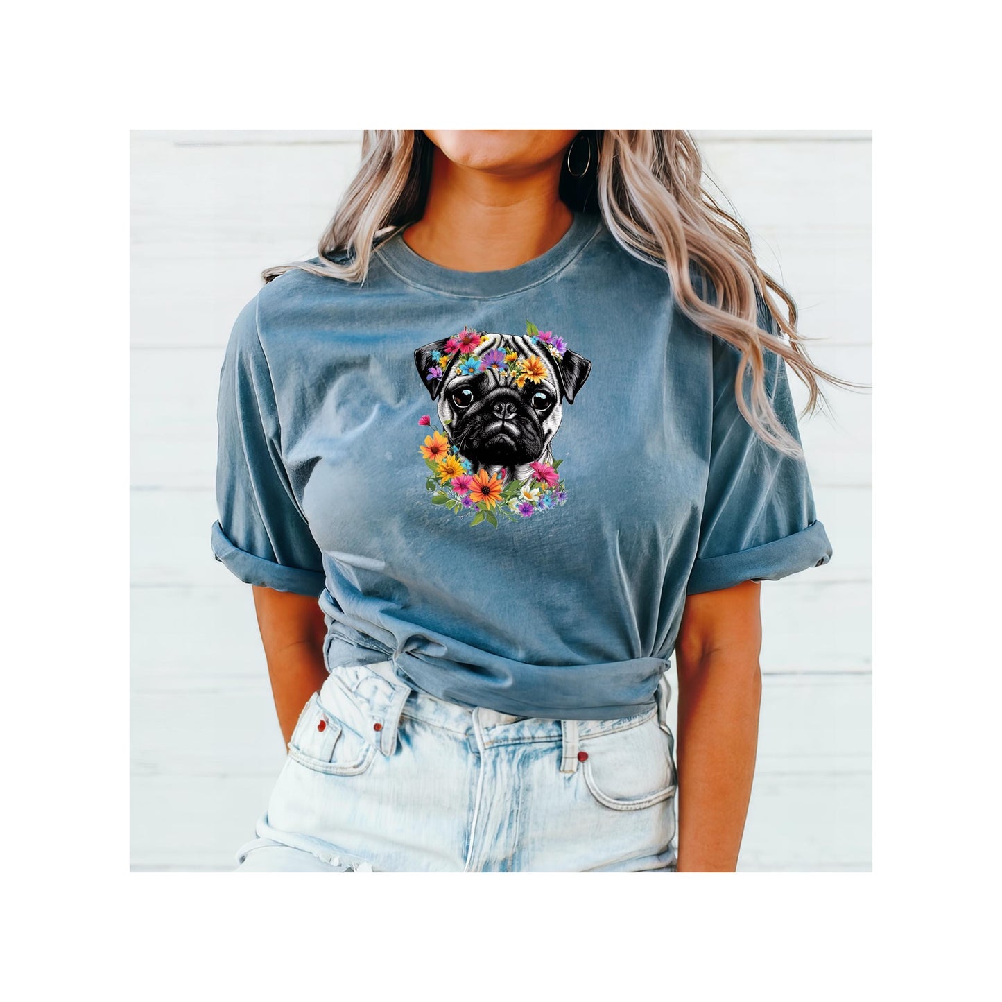 Pug Mom Gift Tshirt, Gift for Pug Lover, Pretty Floral Pug Tshirt