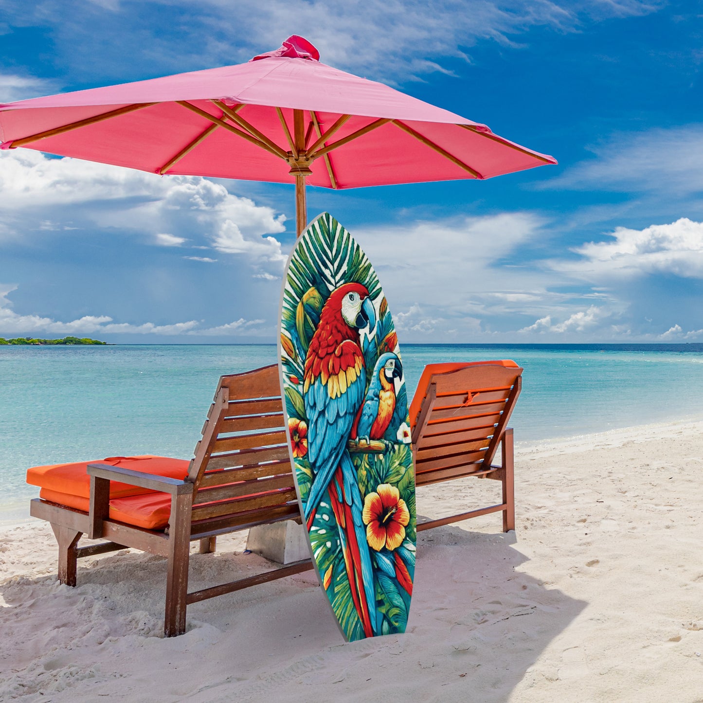 Parrot Surfboard Wall Art Tropical Theme, Decorative Indoor Outdoor Use, PVC, Bold Colors, 4 Foot