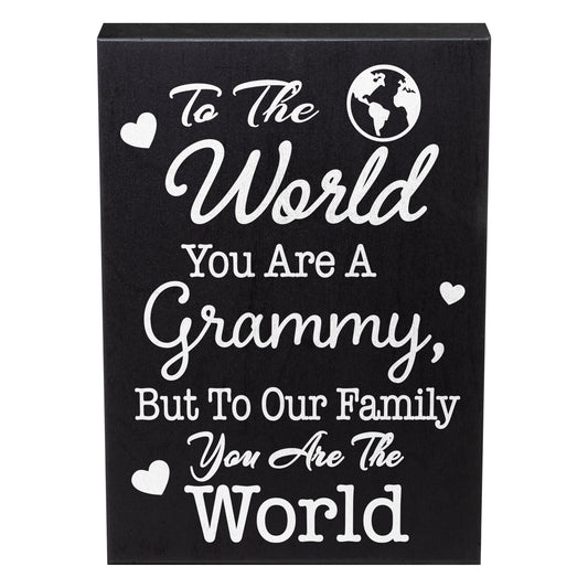 JennyGems Grammy Gifts – “To The World You Are A Grammy But To Family You Are World” Wooden Sign – Sentimental Shelf or Wall Decor – American Made Gift