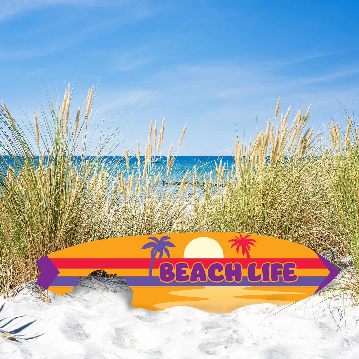 Outdoor Beach Life Surfboard Wall Art with Shark Bite, Nautical Beach Decor, Surfboard Sign Outside Inside, Weather Resistant, 5 Foot