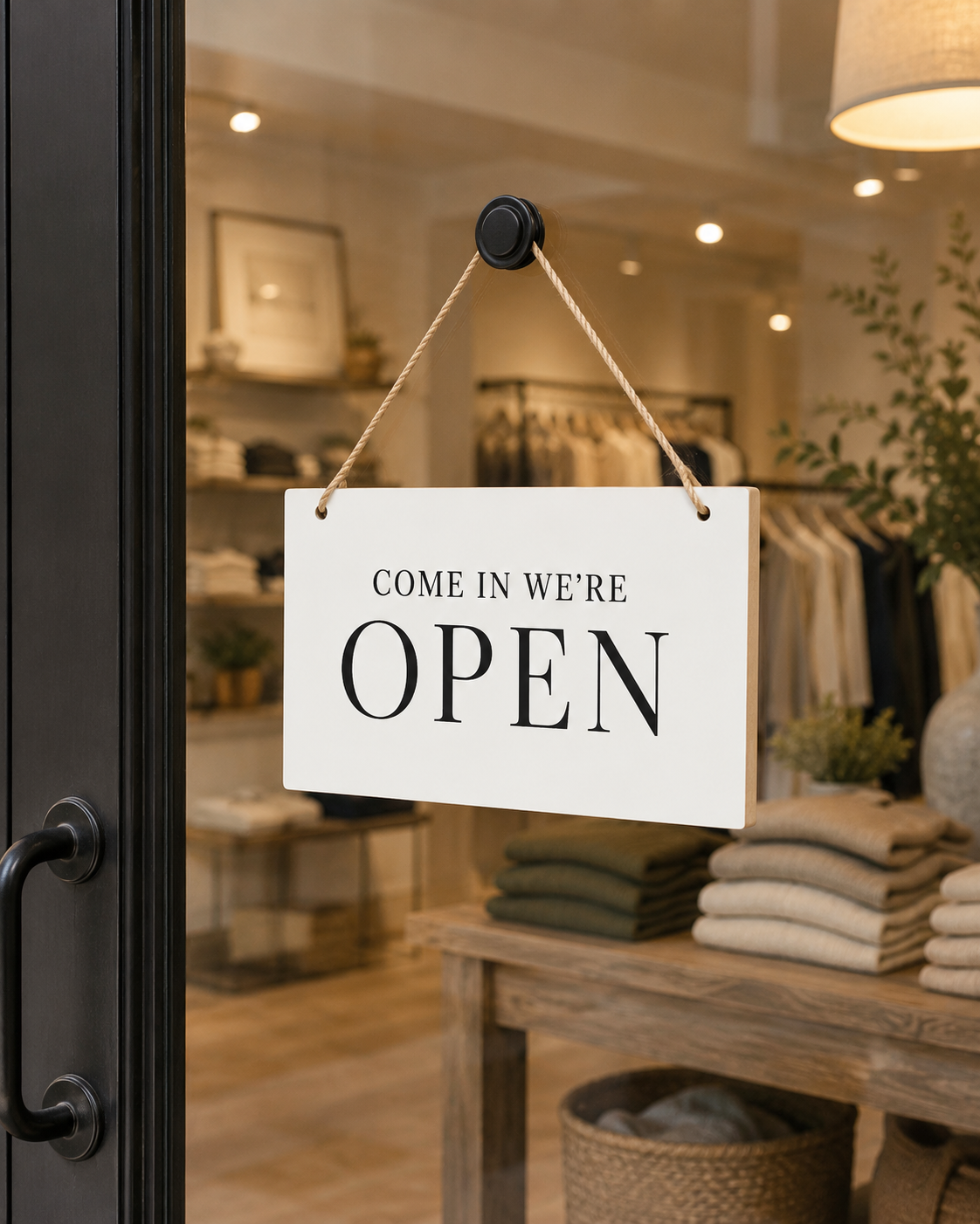 A white rectangular hanging sign with black text reading 'COME IN WE'RE OPEN' suspended by twine from a black door handle in a boutique storefront.