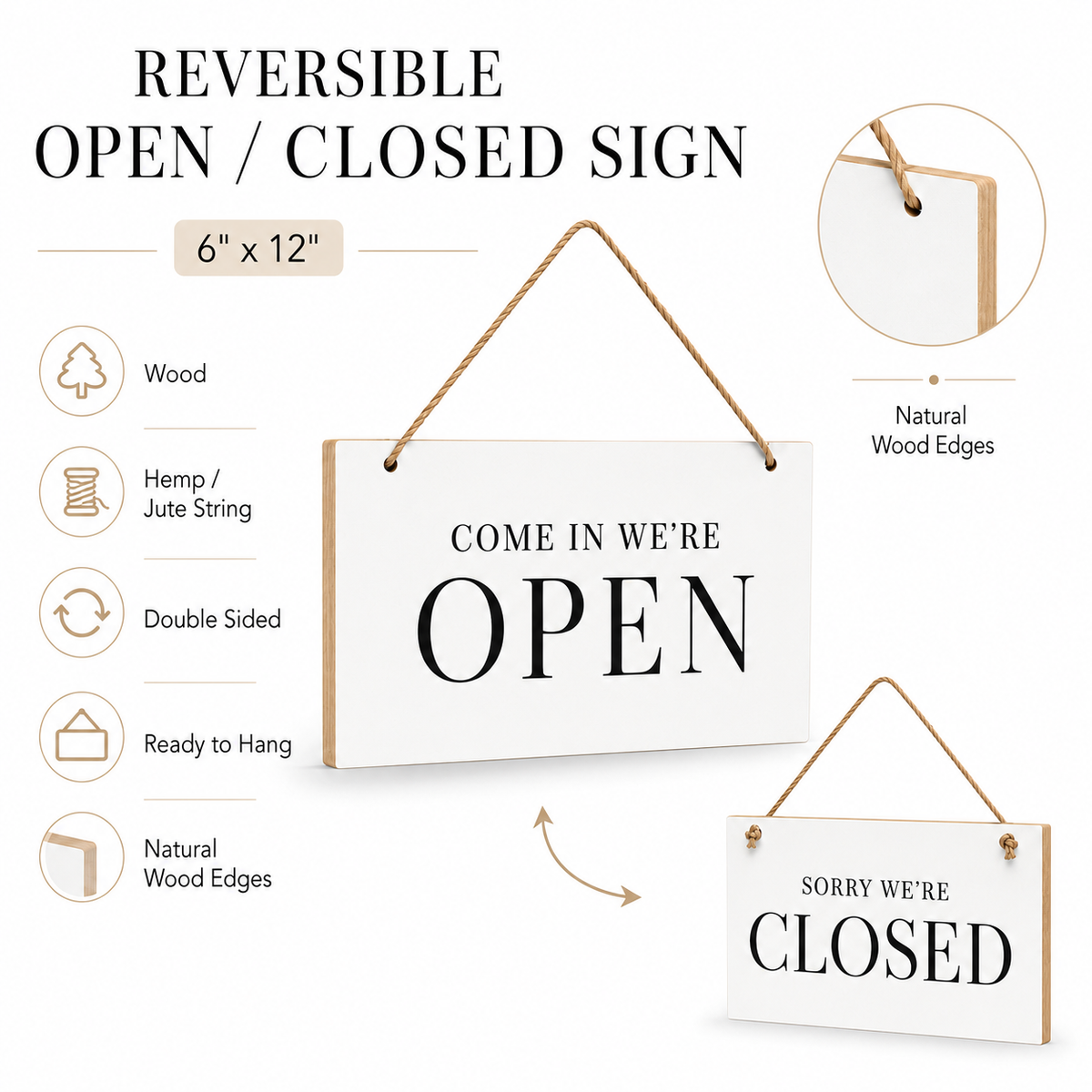 Reversible wooden hanging sign with hemp jute string, shown in open and closed states on a white background with feature callouts.