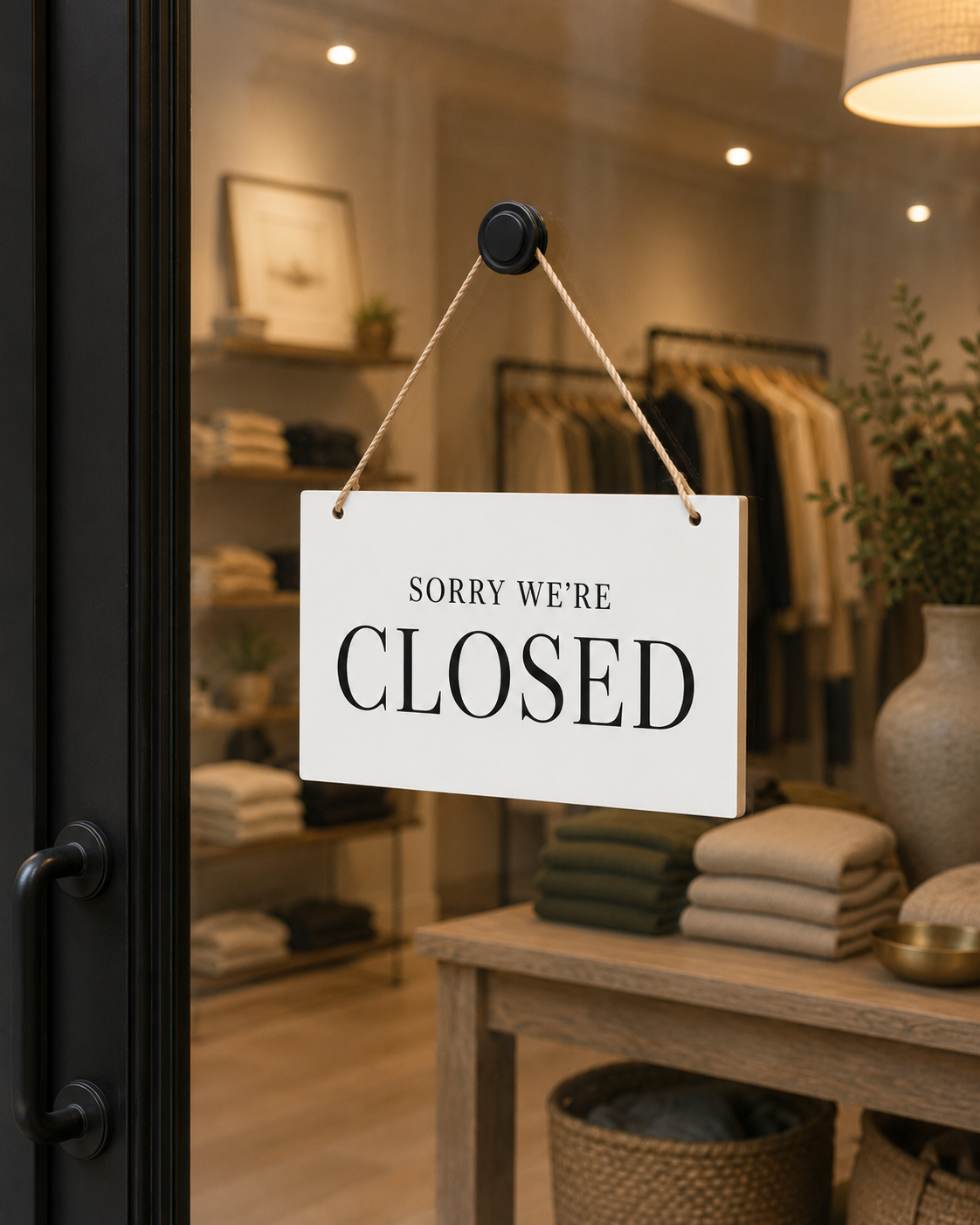 A white rectangular hanging sign with black text reading 'SORRY WE'RE CLOSED' suspended by twine from a black door handle in a boutique storefront.