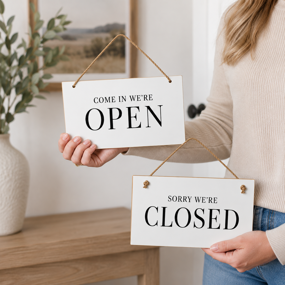 Open and Closed Sign for Business, Wood Reversible