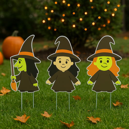 Set of 3 Halloween Witch Yard Stakes – 12” PVC Lawn Decorations, Cute Witches