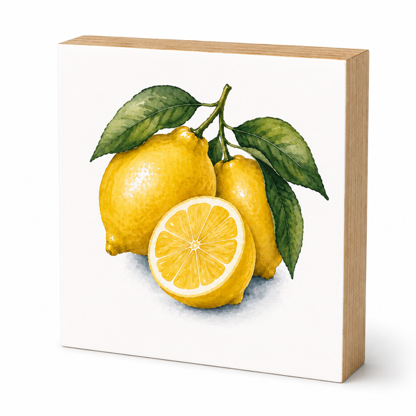 A square wooden block plaque featuring a watercolor-style illustration of three yellow lemons, including one cut in half, with green leaves on a white face, shown on a clean white background.