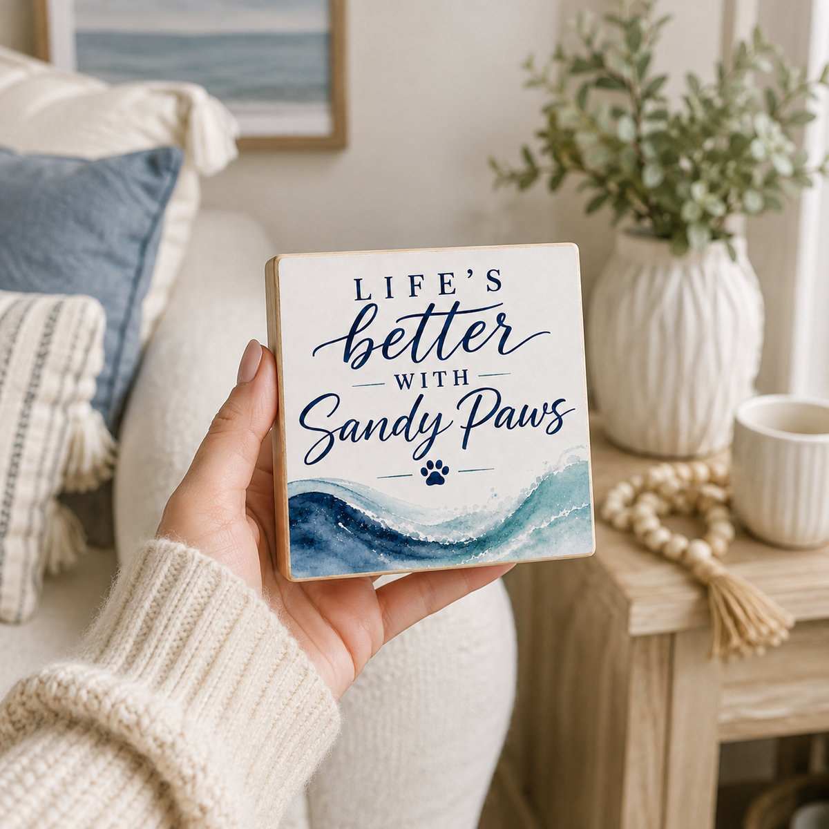 A hand holds a square ceramic coaster with the text 'LIFE'S better WITH Sandy Paws' and a blue watercolor wave design, set in a cozy living room environment.