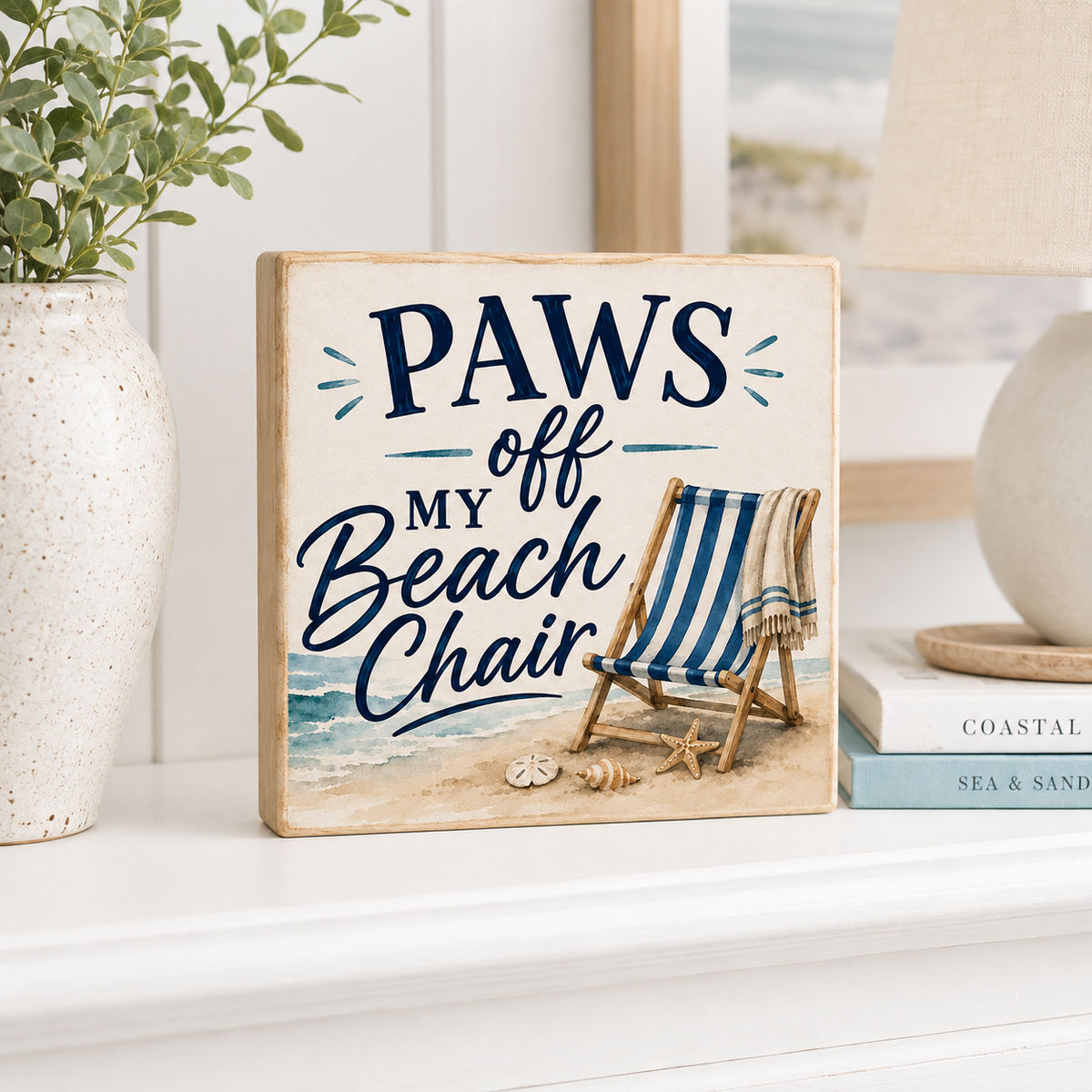 A square decorative sign with the phrase 'PAWS off my Beach Chair' in navy script and block lettering, featuring a beach chair, ocean, and seashells on a sandy shore. The sign is styled on a white mantelpiece next to a potted plant and books.