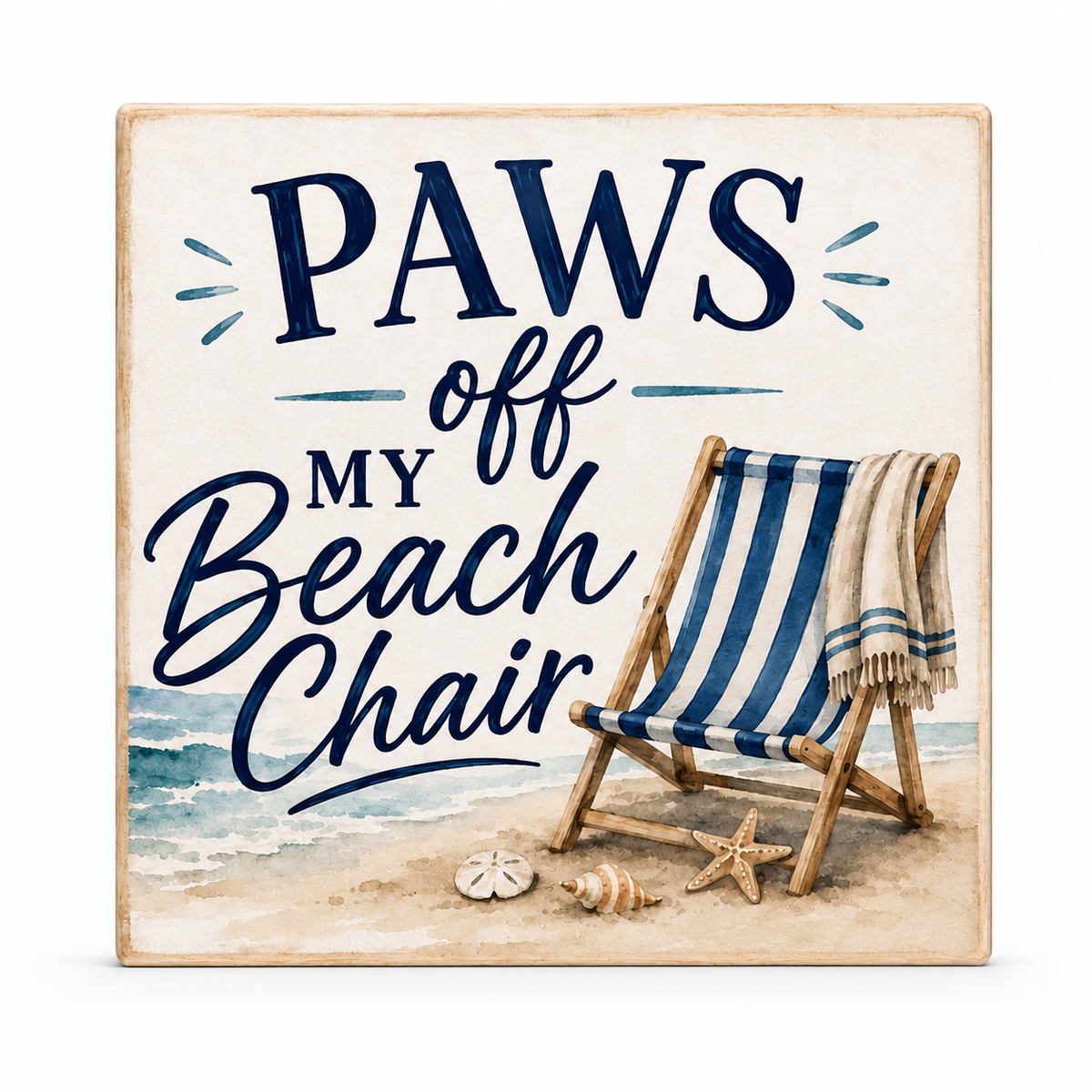 Square decorative wall sign with a beach scene and the phrase “PAWS off MY Beach Chair” in navy lettering. The design shows a blue-and-white striped beach chair, sand, small shells, and a bit of ocean water, with a light wood-toned border around the sign.