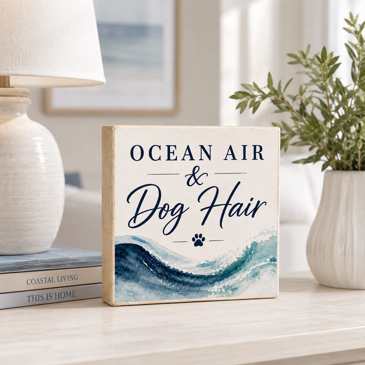 A square decorative sign with the text 'OCEAN AIR & Dog Hair' and a blue ocean wave illustration, styled on a tabletop next to a lamp, books, and a potted plant in a bright room.
