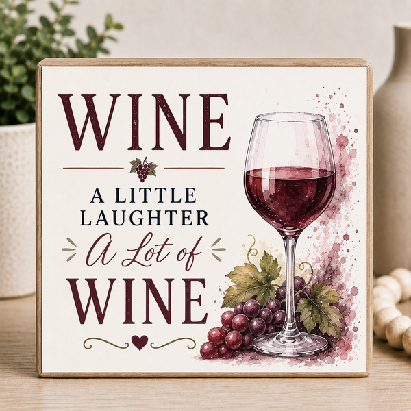 Decorative sign with a glass of wine and grapes, featuring text 'WINE a little laughter A Lot of WINE'.