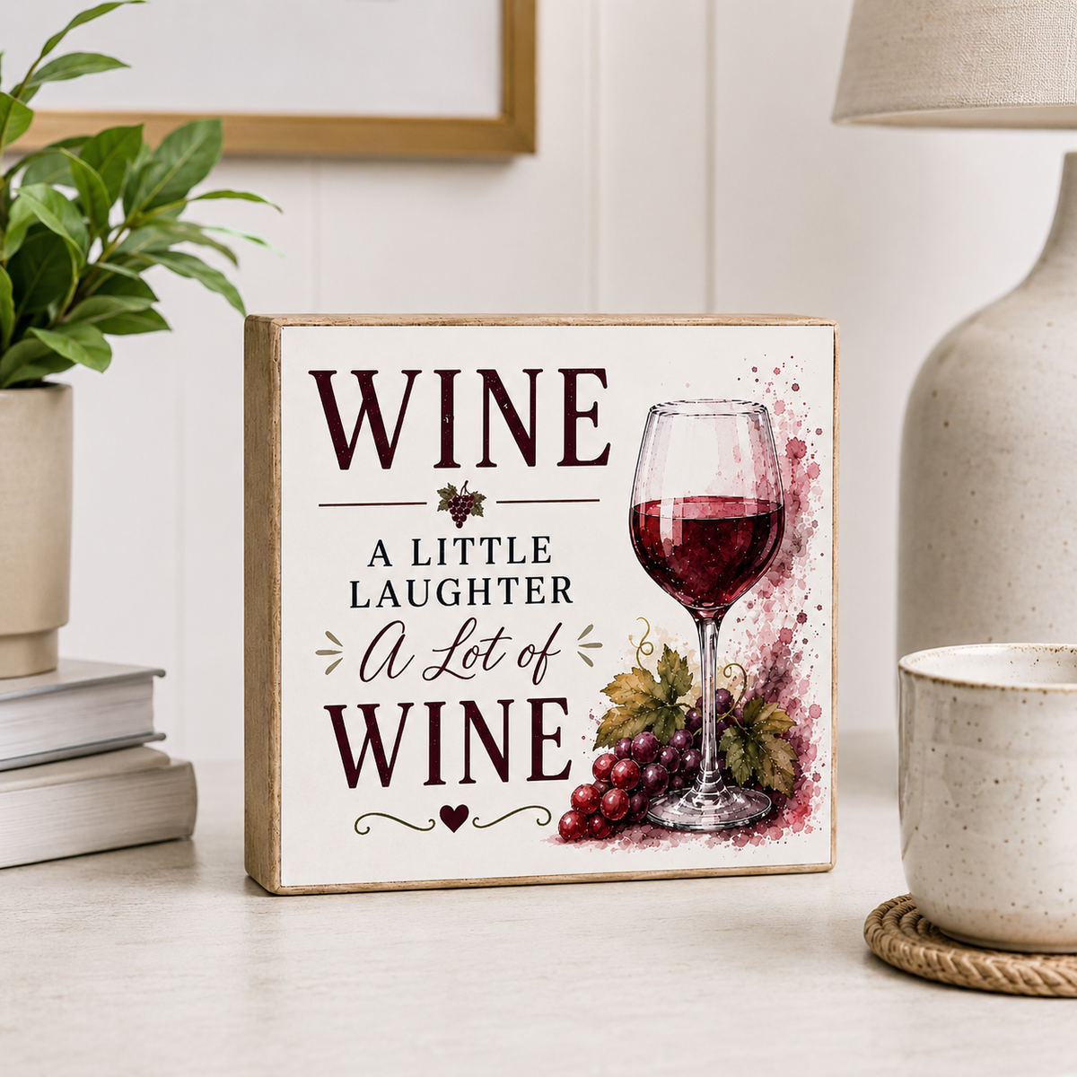 A square decorative wall sign with a rustic wood border reads “WINE A LITTLE LAUGHTER A Lot of WINE” in dark lettering, with an illustration of a wine glass, grapes, and leaves on the right. The sign is styled on a tabletop in a home setting next to a plant, books, and a ceramic mug.