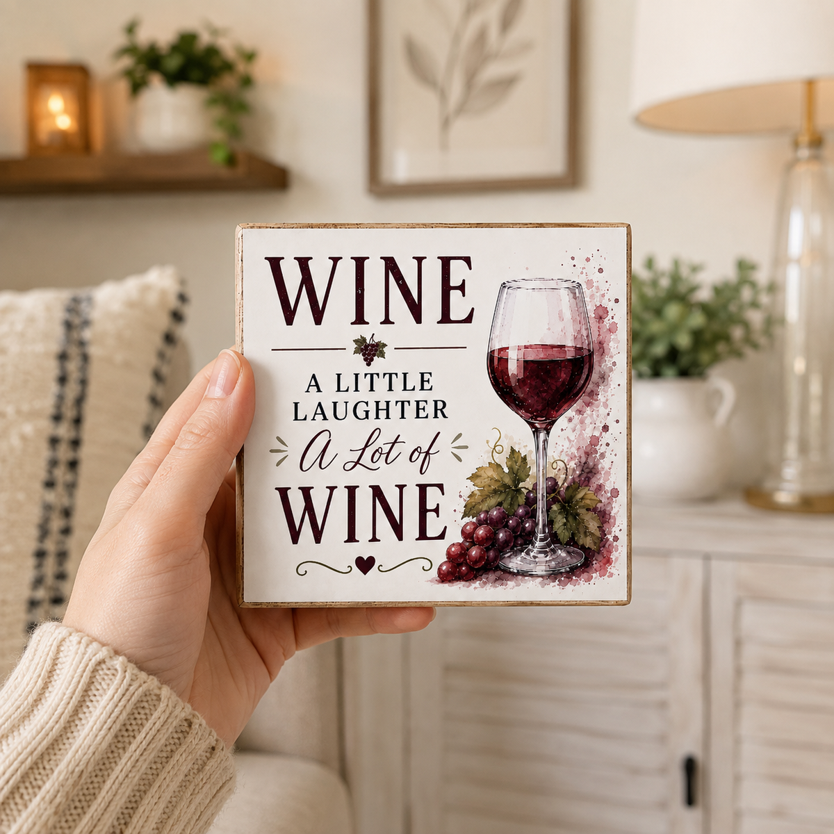 A hand wearing a beige knit sweater holds a square decorative sign that reads 'WINE A LITTLE LAUGHTER A Lot of WINE' with an illustration of a glass of red wine and grapes. The background shows a softly blurred living room interior with a lamp, cabinet, and plants.