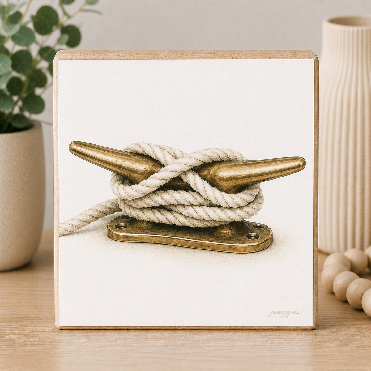 Framed artwork of a brass cleat with rope on a white background, placed on a wooden surface with decorative items.