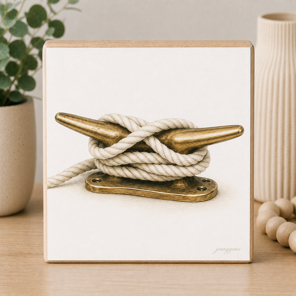 Framed artwork of a brass cleat with rope on a white background, placed on a wooden surface with decorative items.