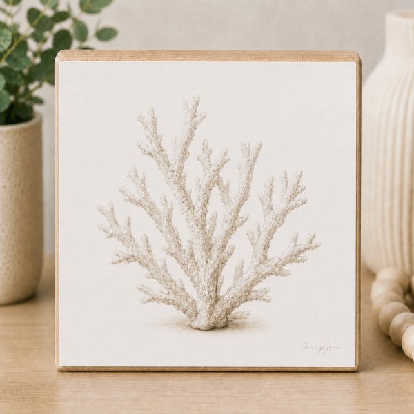 A square wooden block art print featuring a detailed sketch of a coral branch in warm beige and cream tones, displayed on a wooden surface with neutral home decor props.