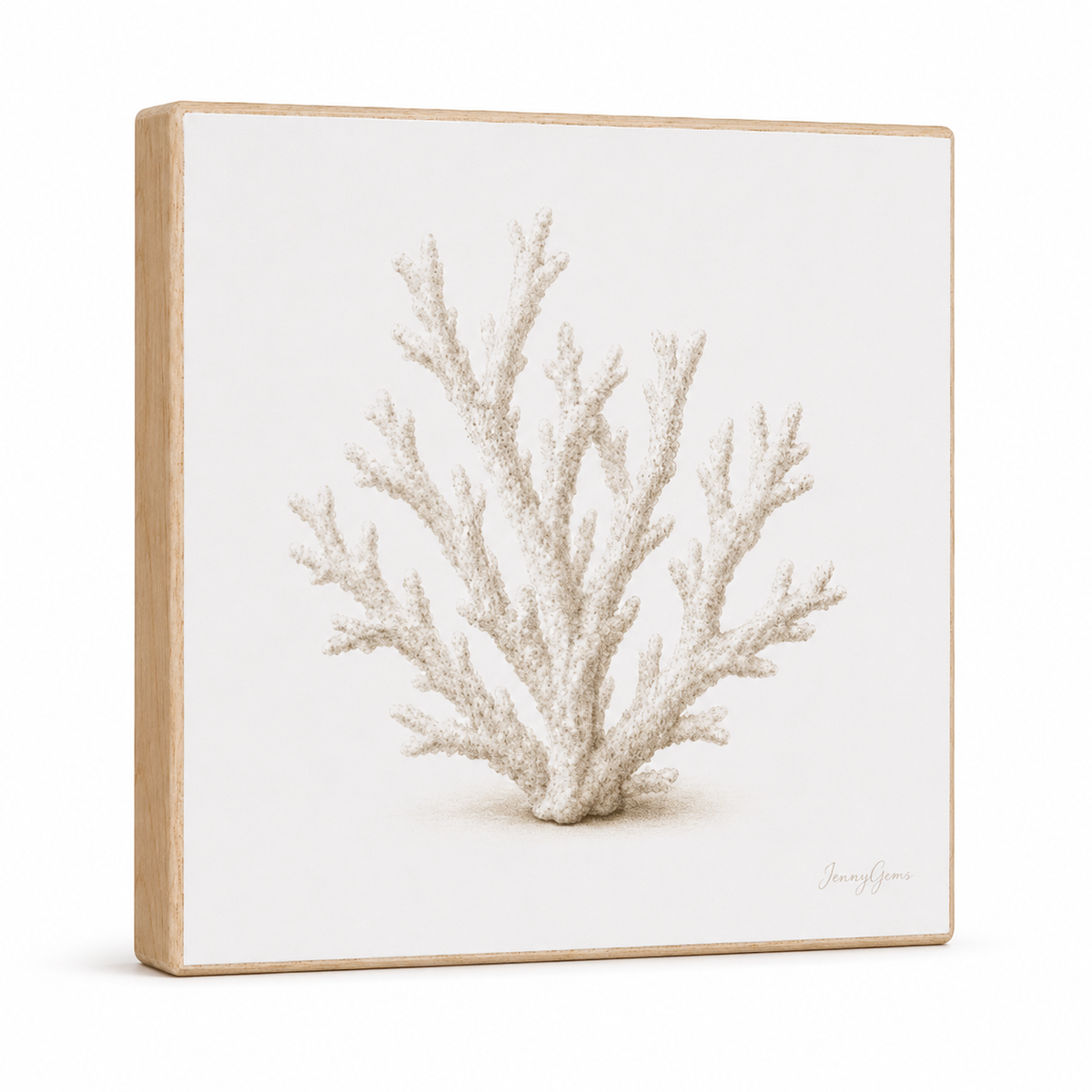 A square canvas wall art print featuring a detailed beige illustration of a coral branch on an off-white background, with a light natural wood frame visible on the left and bottom edges.