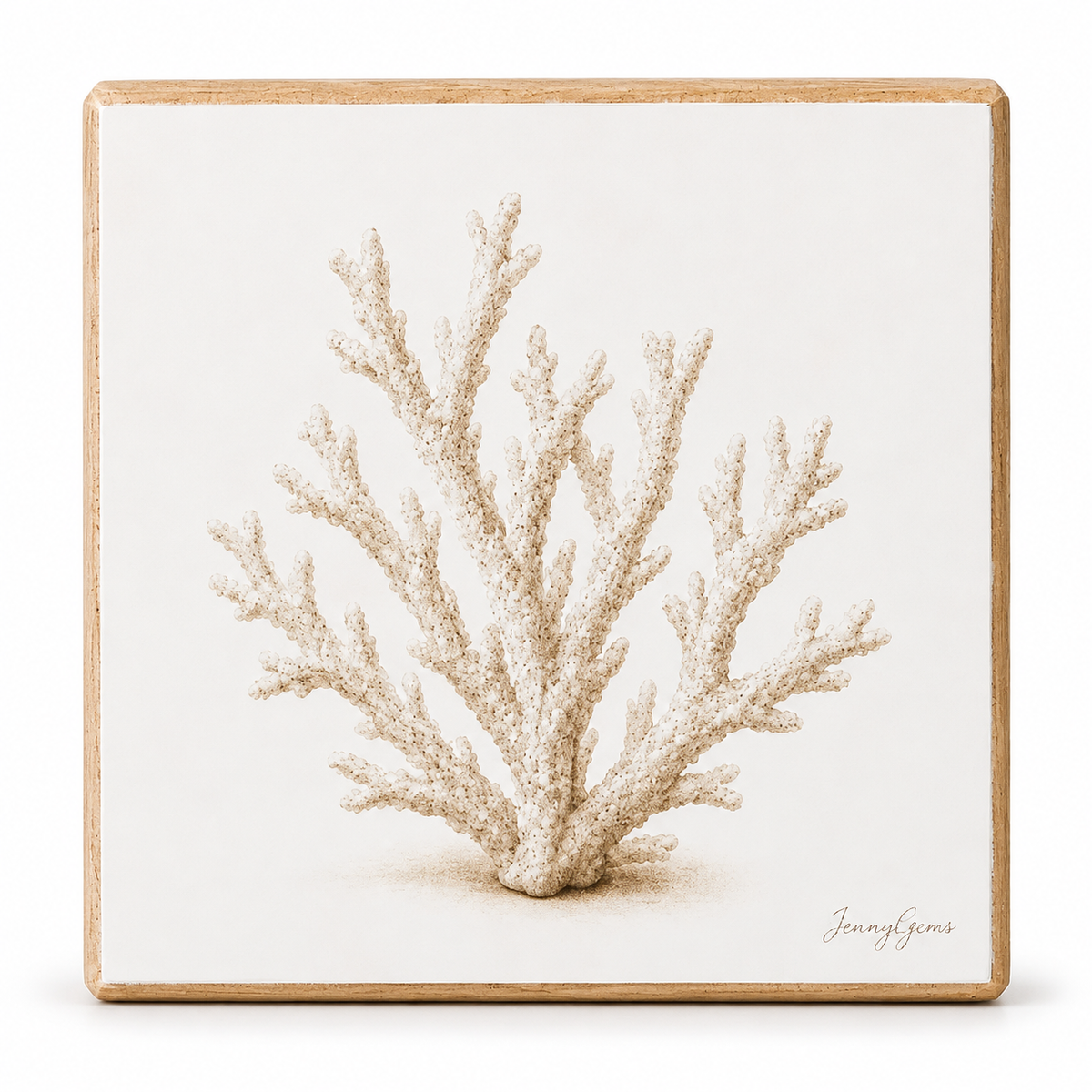 A square ceramic tile coaster featuring a detailed beige illustration of sea fan coral on a white background, framed by a natural light wood border.